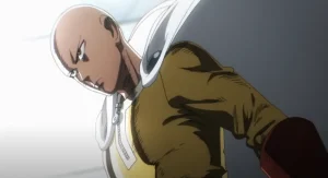 Saitama One Punch Man Main Character looking serious while fighting kabuto