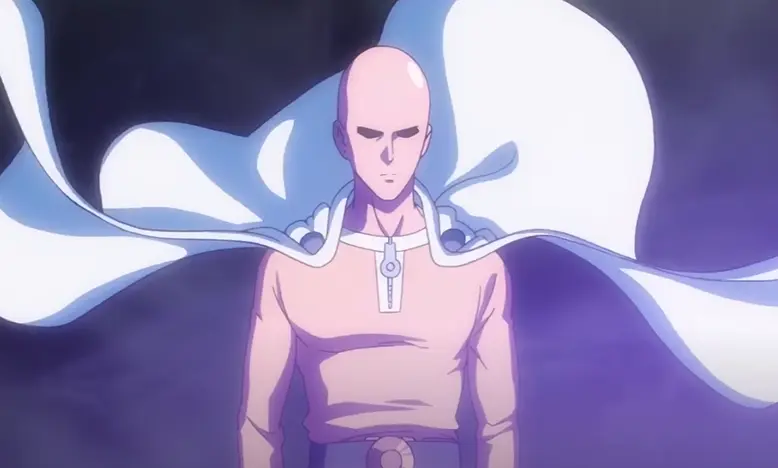 Saitama One Punch Man in his fight against Boros the destroyer looking serious