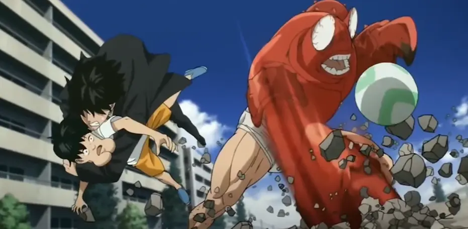 One Punch Main Main Character Saitama saving ball chinned kid from crablante